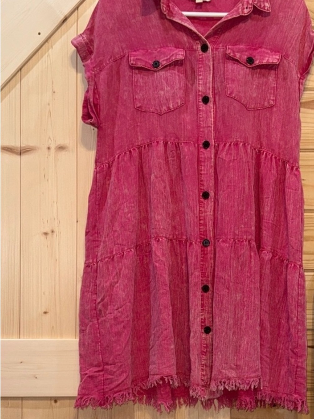 Umgee Hot Pink Button-Front Tiered Shirt Dress